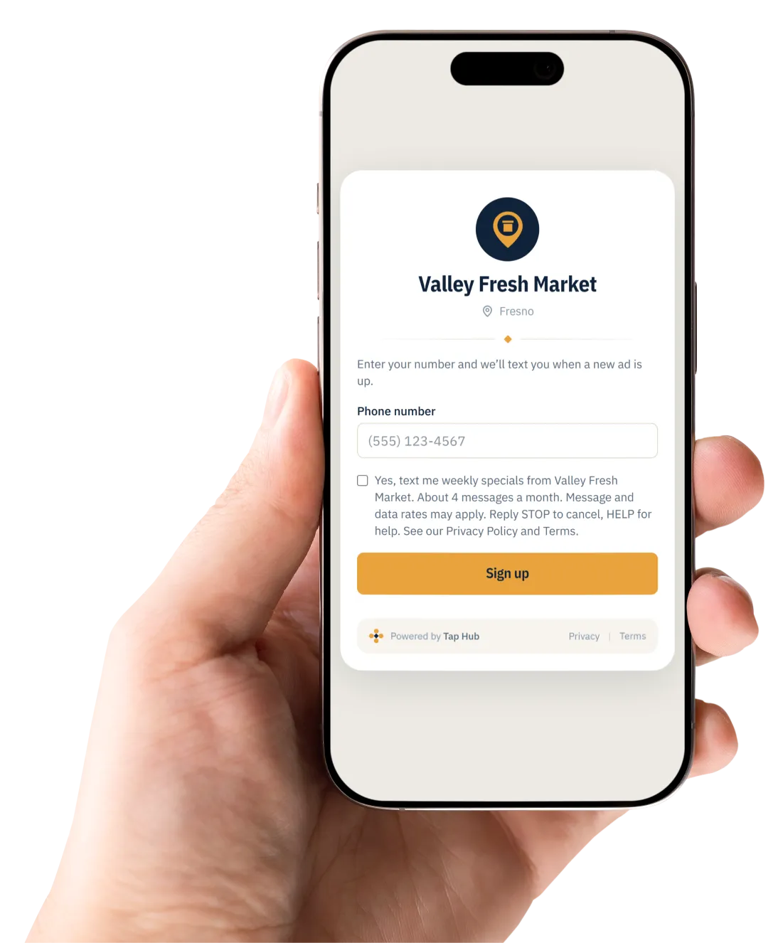 A phone showing a sign-up screen with a phone number field and an unticked consent checkbox